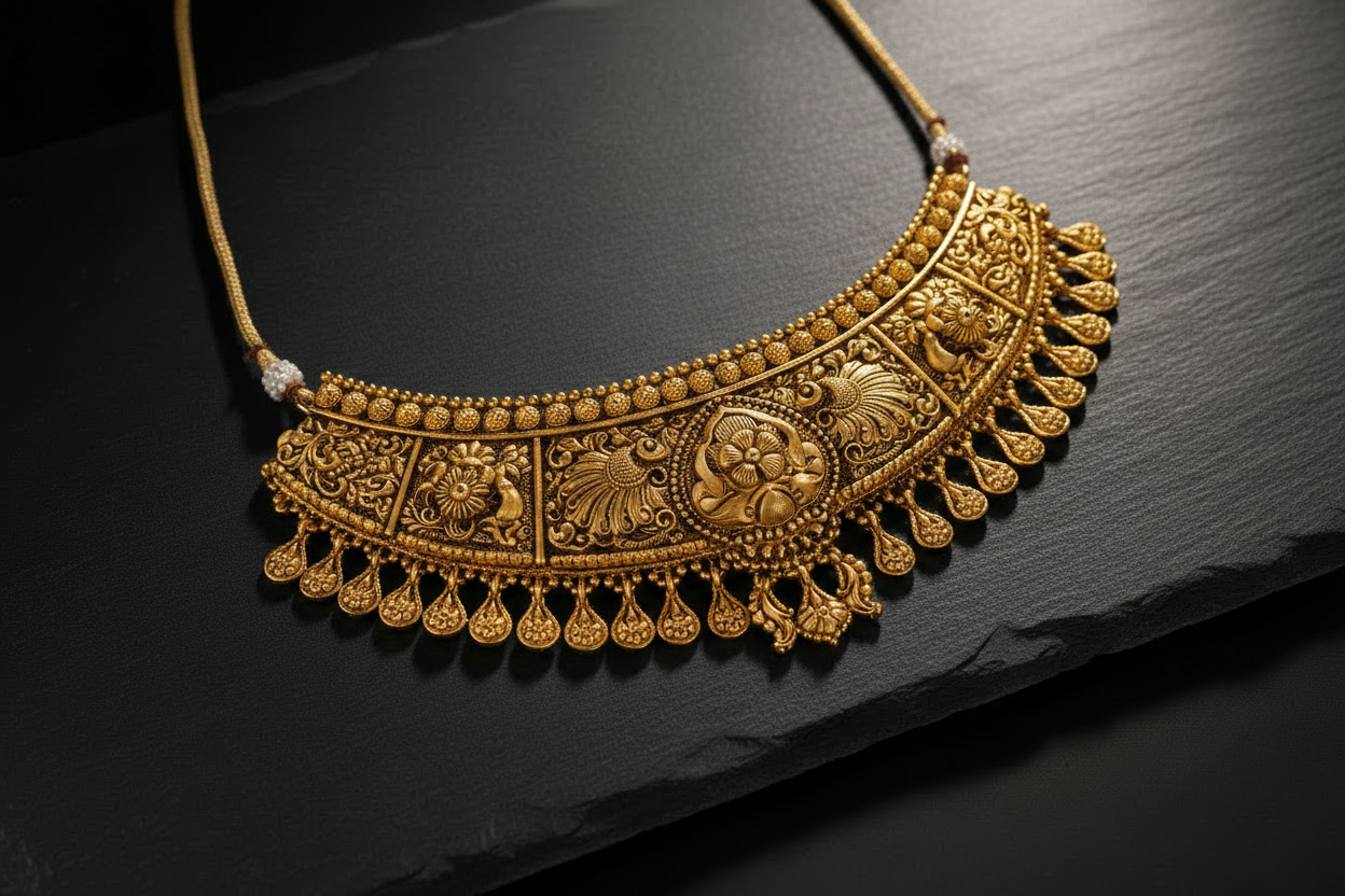 Gold necklace on a mannequin bust with weight information.