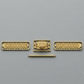 A set of gold-toned mechanical watch components or decorative hardware pieces arranged horizontally on a plain gray background, including two rectangular grids with small circular elements and a central rectangular piece with a circular emblem, plus a thin horizontal rod below.