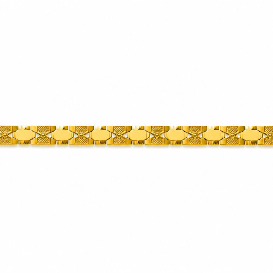 A yellow gold link bracelet with a textured geometric pattern, shown horizontally against a plain white background.