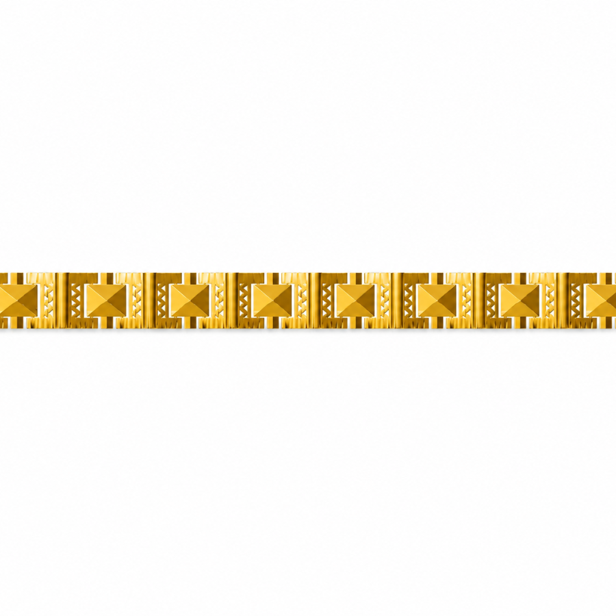 A gold-colored metal link chain or decorative trim featuring repeating square motifs with central pyramid-like details, shown horizontally against a plain white background.