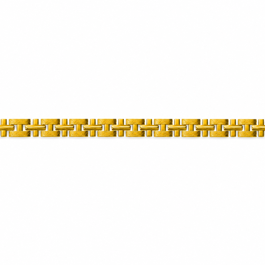 A gold chain link bracelet with a geometric, interlocking rectangular pattern, shown horizontally against a plain white background.