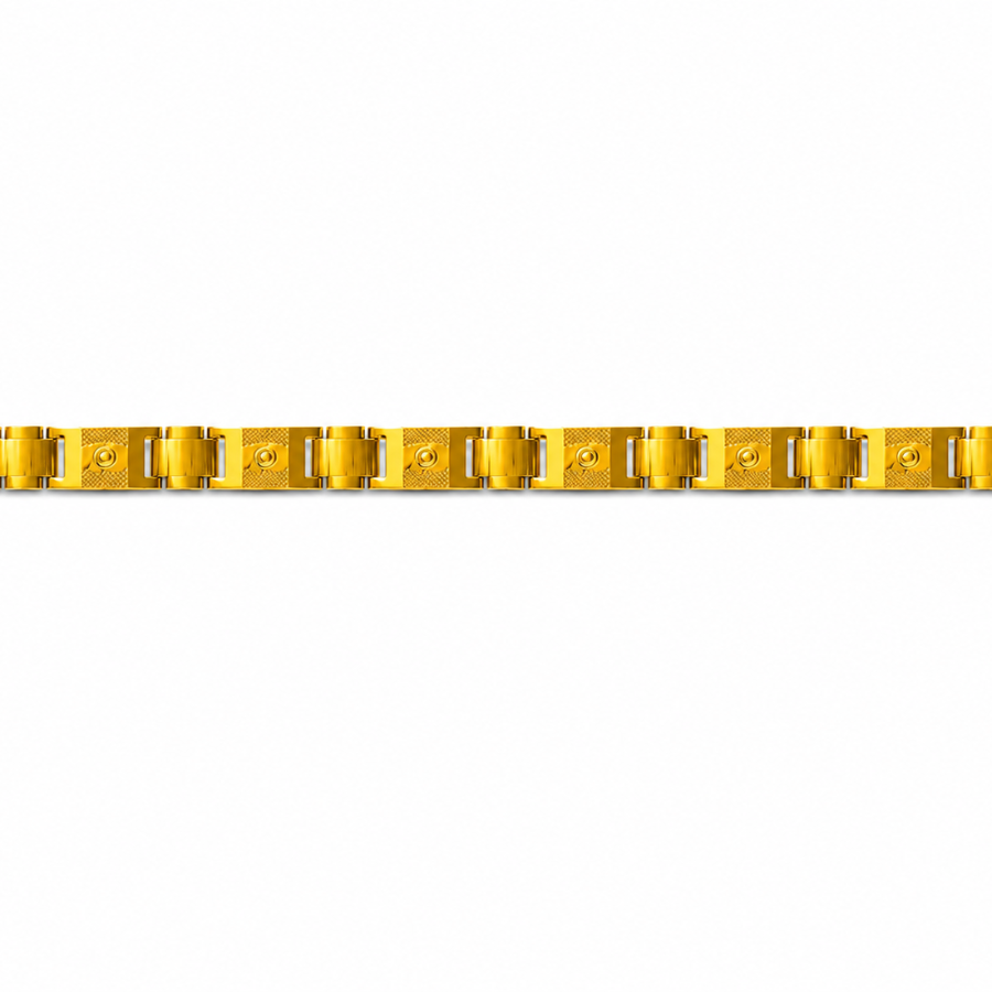A delicate gold chain bracelet featuring five alternating black clover-shaped charms with gold borders, displayed horizontally on a solid white background.