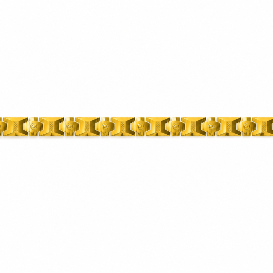 A single gold-colored metal decorative trim piece with a repeating geometric pattern, shown horizontally against a plain white background.