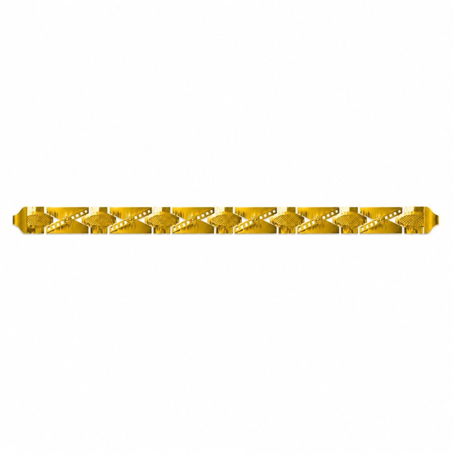 A long, narrow gold metallic strip or bar with a repeating geometric pattern, centered horizontally on a plain white background.