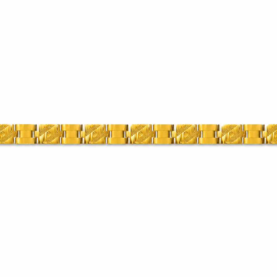 A gold tennis bracelet with a repeating pattern of interlocking links, each featuring a raised circular medallion, shown against a plain white background.