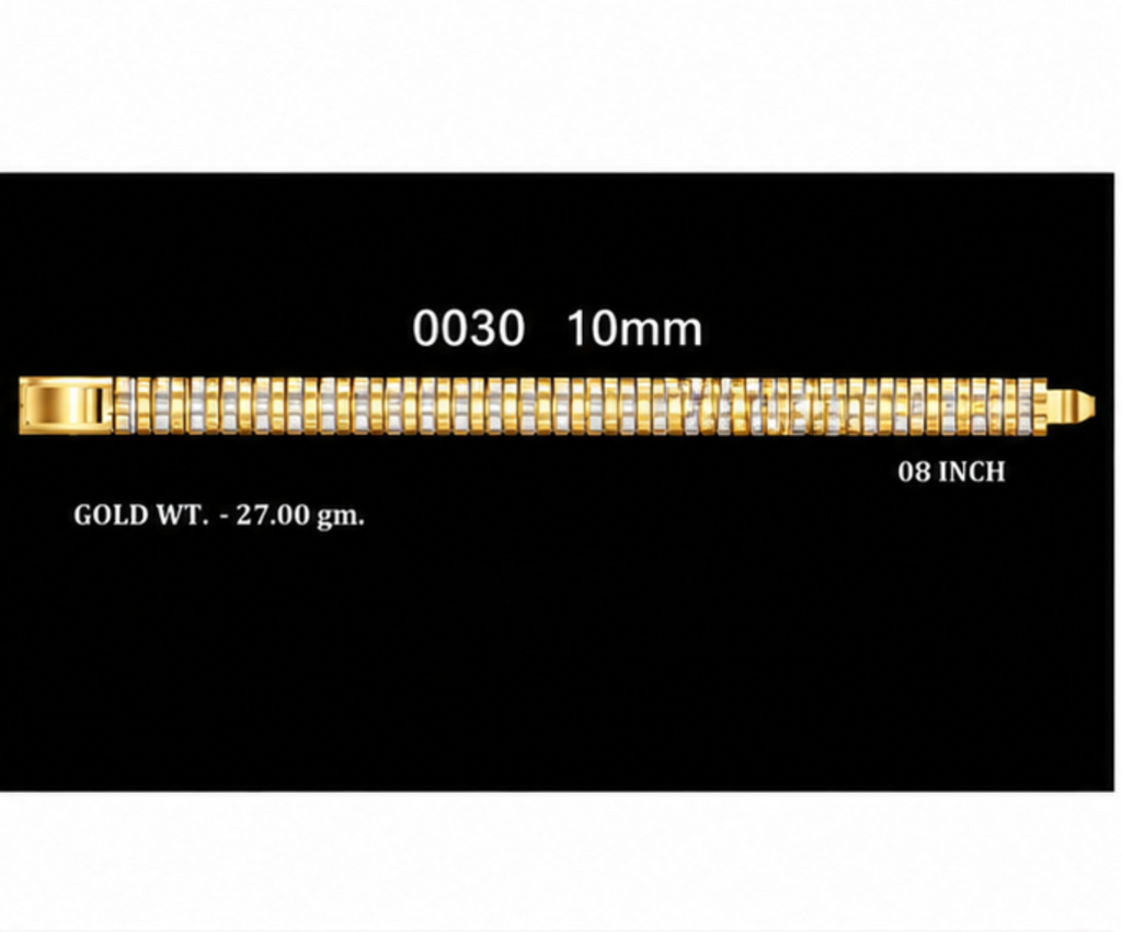 Four product panels on a black background showing gold-toned chain bracelets with diamond-like stones, labeled with lengths and weights. The panels include 10mm, 68mm/8.