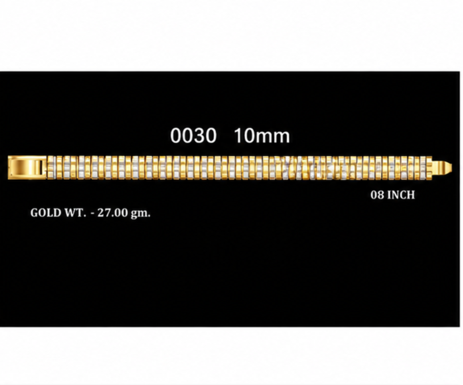 Four product panels on a black background showing gold-toned chain bracelets with diamond-like stones, labeled with lengths and weights. The panels include 10mm, 68mm/8.