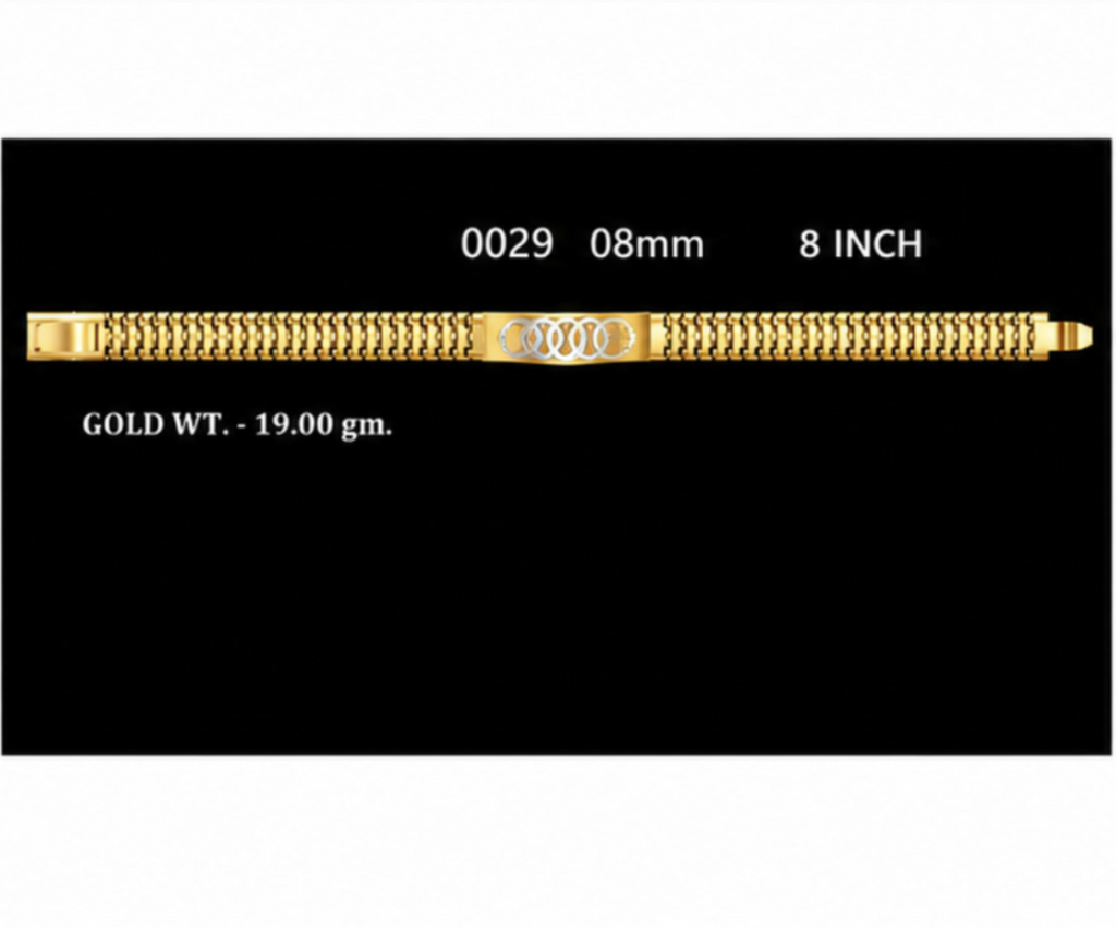 Four product panels on a black background showing gold-toned chain bracelets with diamond-like stones, labeled with lengths and weights. The panels include 10mm, 68mm/8.