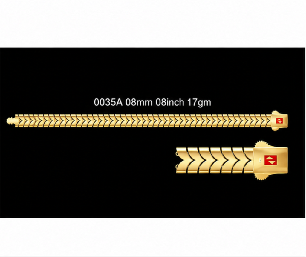 Four product panels on a black background showing gold-toned chain bracelets with diamond-like stones, labeled with lengths and weights. The panels include 10mm, 68mm/8.