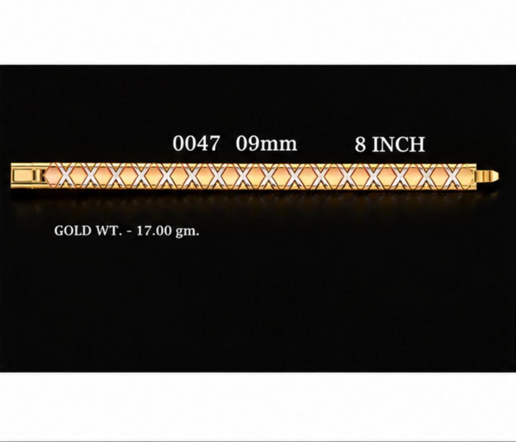 Four product panels on a black background showing gold-toned beaded bracelets in different lengths and widths, with printed measurements and gold weight labels.