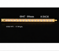 Four product panels on a black background showing gold-toned beaded bracelets in different lengths and widths, with printed measurements and gold weight labels.