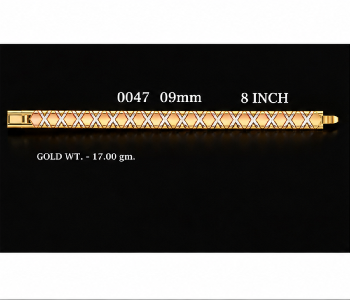 Four product panels on a black background showing gold-toned beaded bracelets in different lengths and widths, with printed measurements and gold weight labels.