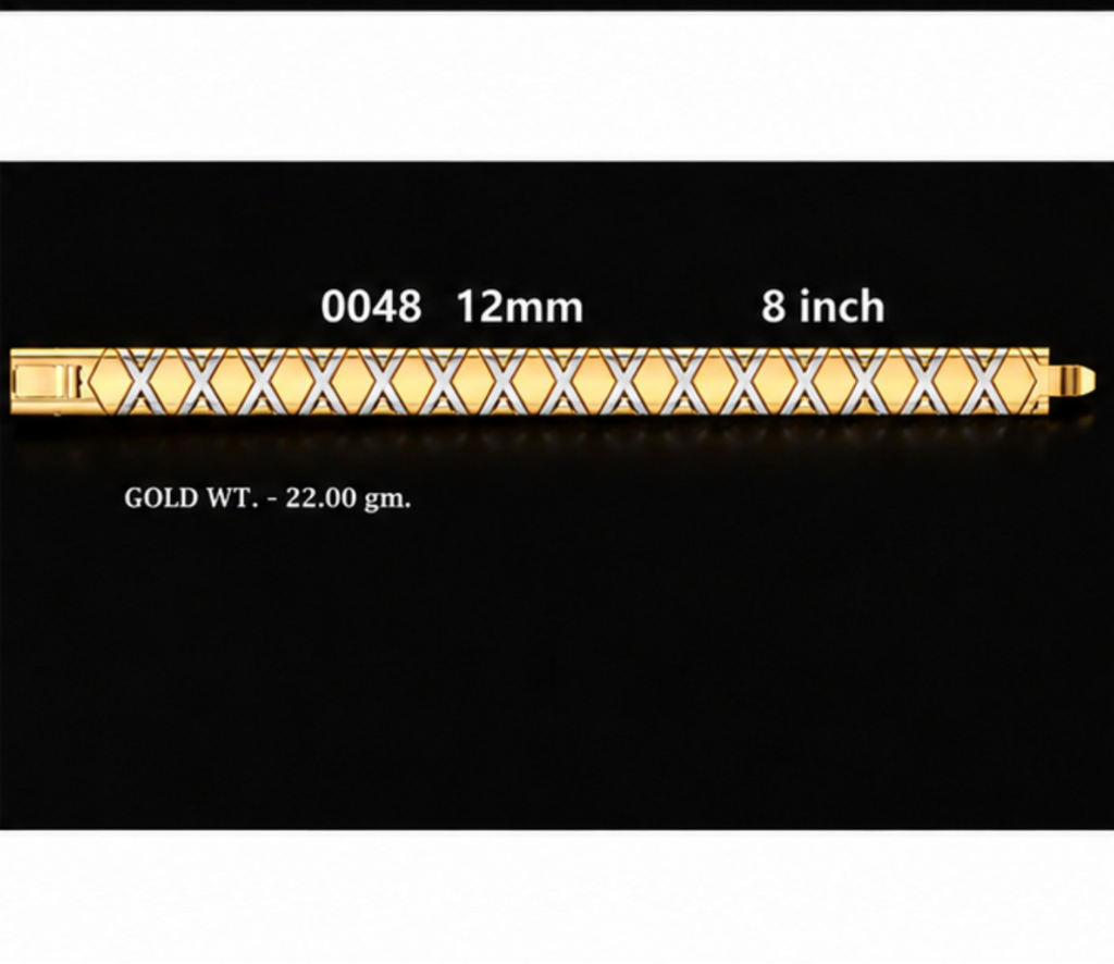 Four product panels on a black background showing gold-toned beaded bracelets in different lengths and widths, with printed measurements and gold weight labels.