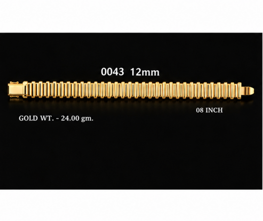 Four product panels on a black background showing gold-toned beaded bracelets in different lengths and widths, with printed measurements and gold weight labels.