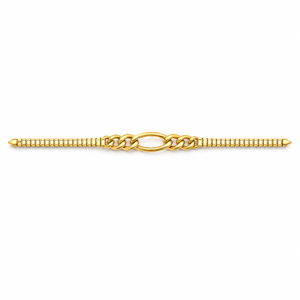 A gold chain bracelet featuring a central oval link motif flanked by textured beaded sections on both ends, shown against a plain white background.