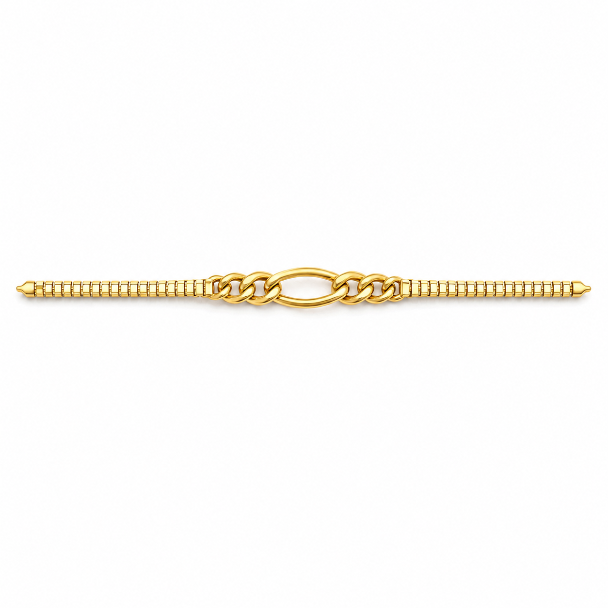 A gold chain bracelet featuring a central oval link motif flanked by textured beaded sections on both ends, shown against a plain white background.