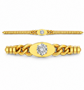 Four gold and silver bracelet designs displayed on a clean white background, each featuring a central oval plate with different symbols: Om, infinity, and two variations of a chakra symbol with one adorned with a clear gemstone.