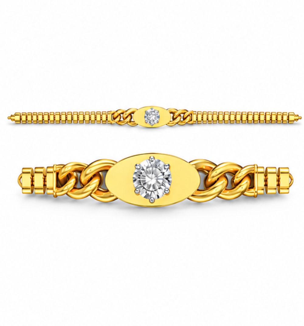 Four gold and silver bracelet designs displayed on a clean white background, each featuring a central oval plate with different symbols: Om, infinity, and two variations of a chakra symbol with one adorned with a clear gemstone.
