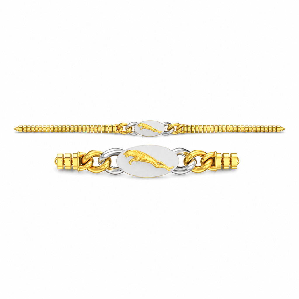 Two gold-toned chain bracelets with polished oval white inlays and a raised cheetah motif, displayed on a clean white background.