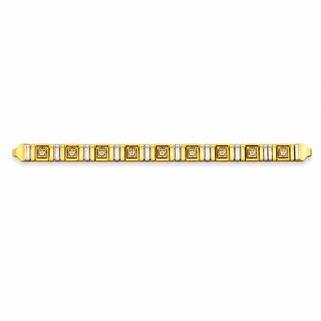 A yellow gold tennis bracelet featuring alternating square links with round diamonds and white gold accent bars, displayed horizontally on a plain white background.