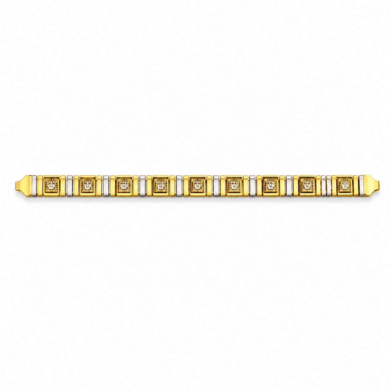 A yellow gold tennis bracelet featuring alternating square links with round diamonds and white gold accent bars, displayed horizontally on a plain white background.