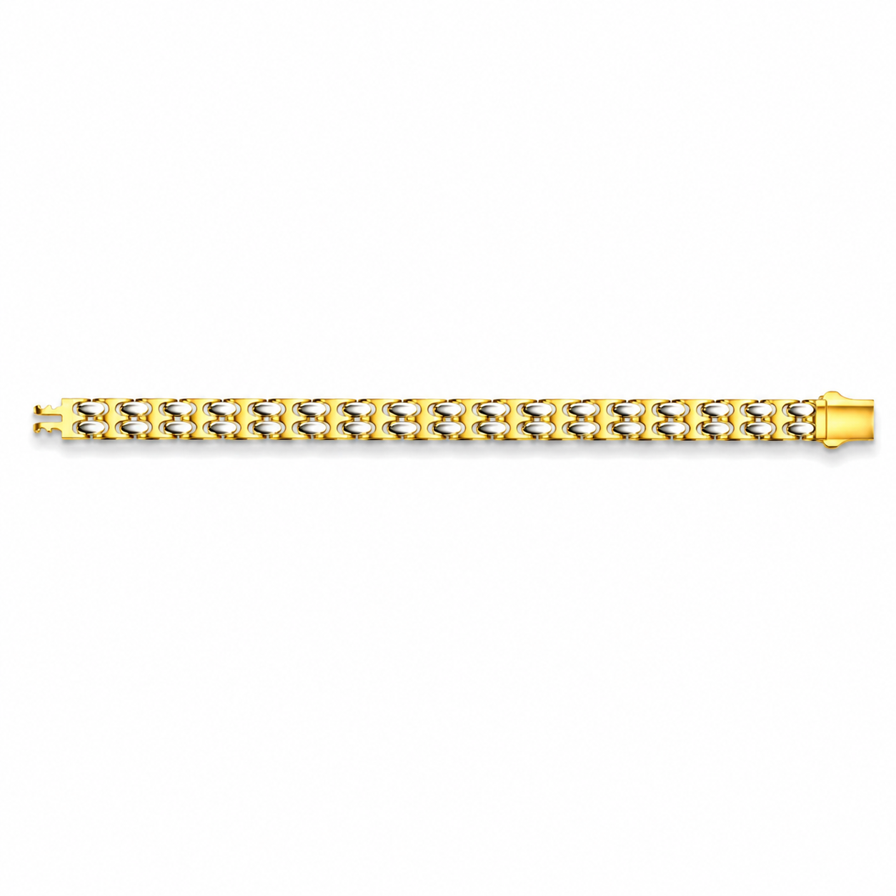 A yellow gold Cuban link chain bracelet shown horizontally against a plain white background.