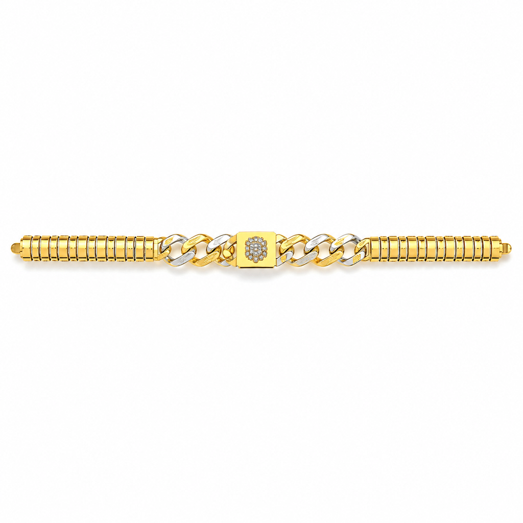 A gold chain bracelet featuring a central square link with a small pavé diamond and a wrap-around dual-tone chain on either side.