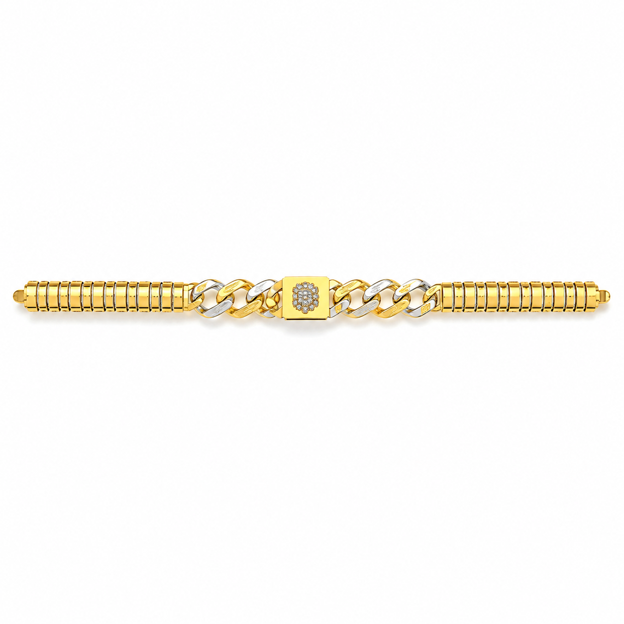 A gold chain bracelet featuring a central square link with a small pavé diamond and a wrap-around dual-tone chain on either side.