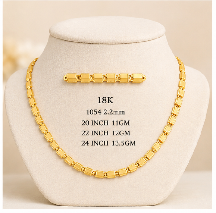 A 2x2 grid showing four gold-tone necklace and matching bar set options displayed on cream jewelry busts, with text labels including size and weight details.