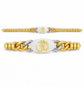 Four gold and silver bracelet designs displayed on a clean white background, each featuring a central oval plate with different symbols: Om, infinity, and two variations of a chakra symbol with one adorned with a clear gemstone.