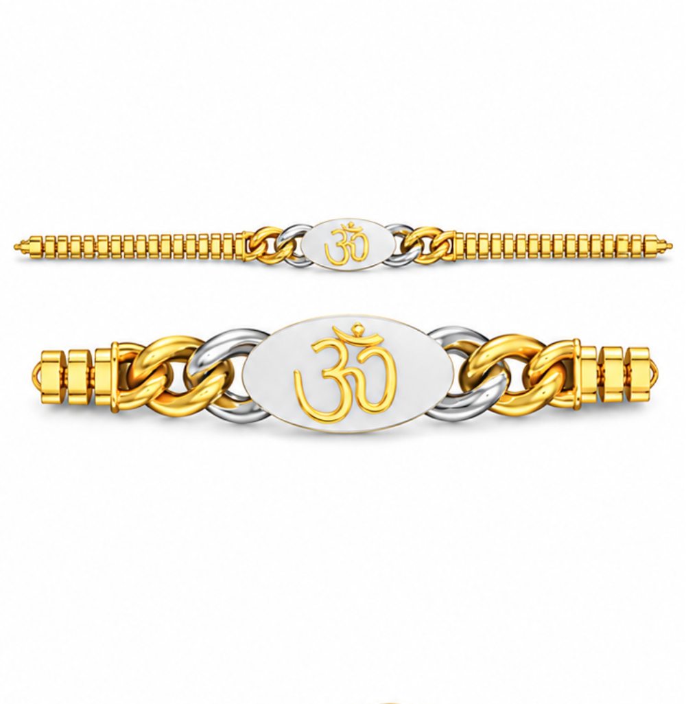Four gold and silver bracelet designs displayed on a clean white background, each featuring a central oval plate with different symbols: Om, infinity, and two variations of a chakra symbol with one adorned with a clear gemstone.
