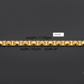 A gold-colored metal link bracelet displayed horizontally on a dark gray background, with text overlays showing its specifications: weight=17.00g, width=10mm, and length=8".