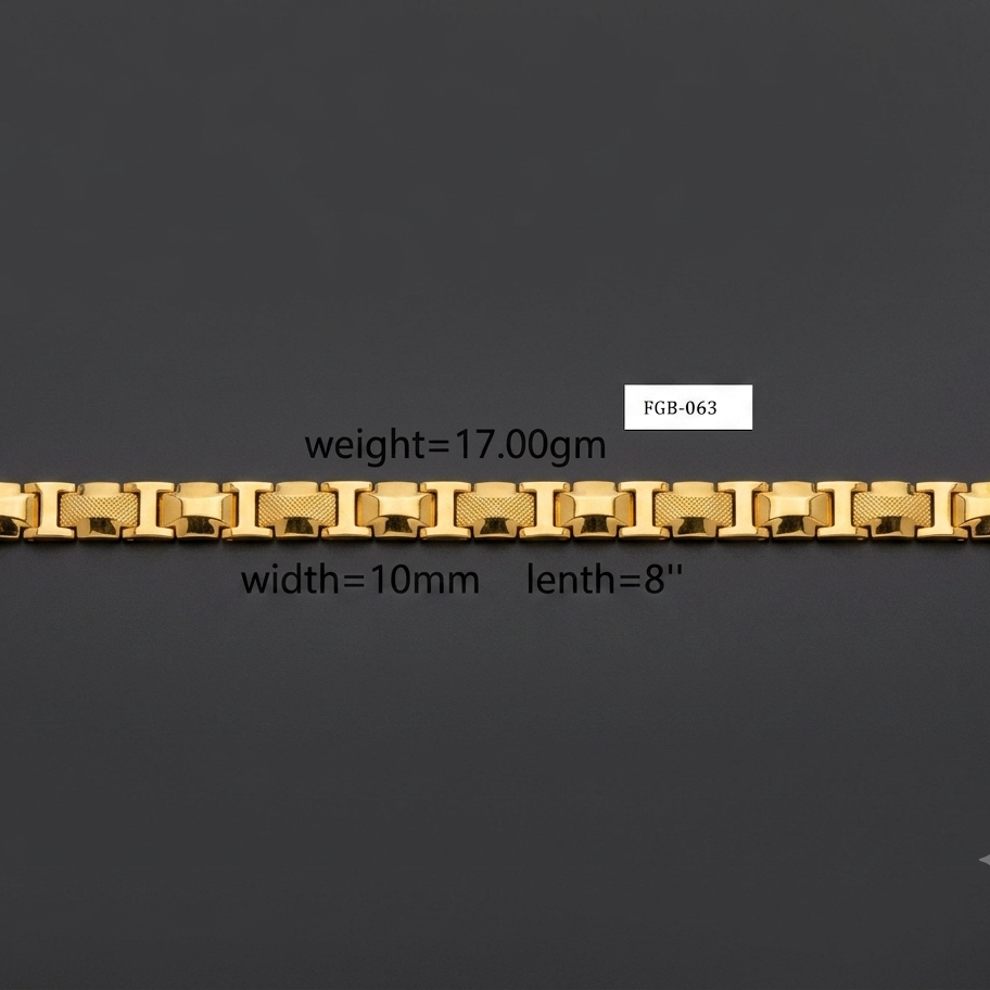 A gold-colored metal link bracelet displayed horizontally on a dark gray background, with text overlays showing its specifications: weight=17.00g, width=10mm, and length=8".