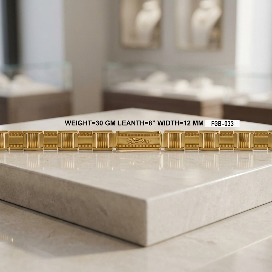 A gold Italian charm bracelet with rectangular links and a central horse logo, displayed on a light marble pedestal in a jewelry store setting. Text overlay provides weight and dimensions.