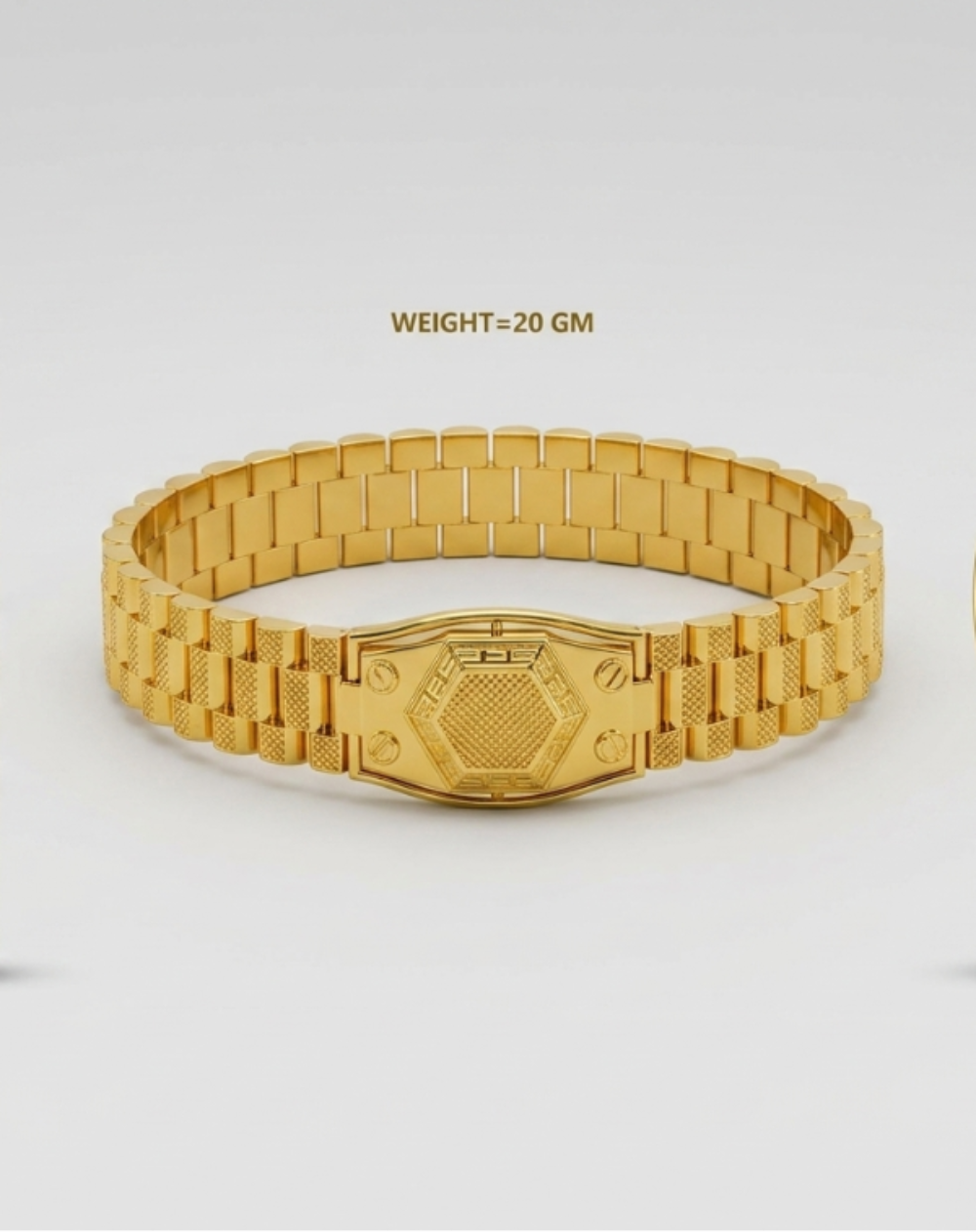 A gold-tone metal bracelet shown from multiple angles on a light gray background, with the text 'WEIGHT=20 GM' above the center view. The bracelet has a polished link design and a hexagonal clasp.