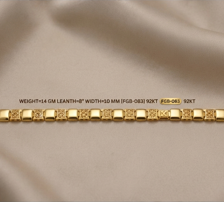 A gold paperclip-style bracelet laid horizontally on a beige satin fabric background, with product text above reading 'WEIGHT=1.4 GM LEANTH-8" WIDTH=1.