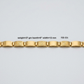 A gold-tone metal link bracelet with geometric Greek key motifs on the center links, displayed horizontally on a light gray background with text overlay detailing its specifications.