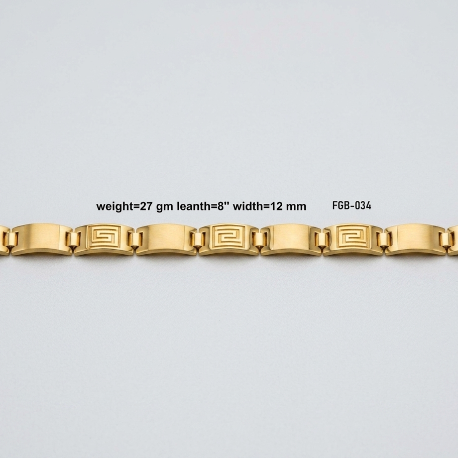 A gold-tone metal link bracelet with geometric Greek key motifs on the center links, displayed horizontally on a light gray background with text overlay detailing its specifications.