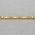 A yellow gold link bracelet with a lobster clasp and a decorative bow-shaped end, displayed horizontally on a textured light gray fabric background.