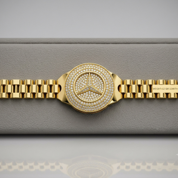 A gold-tone Mercedes-Benz watch with a diamond-encrusted bezel and matching diamond-embellished bracelet, displayed on a gray textured watch box.