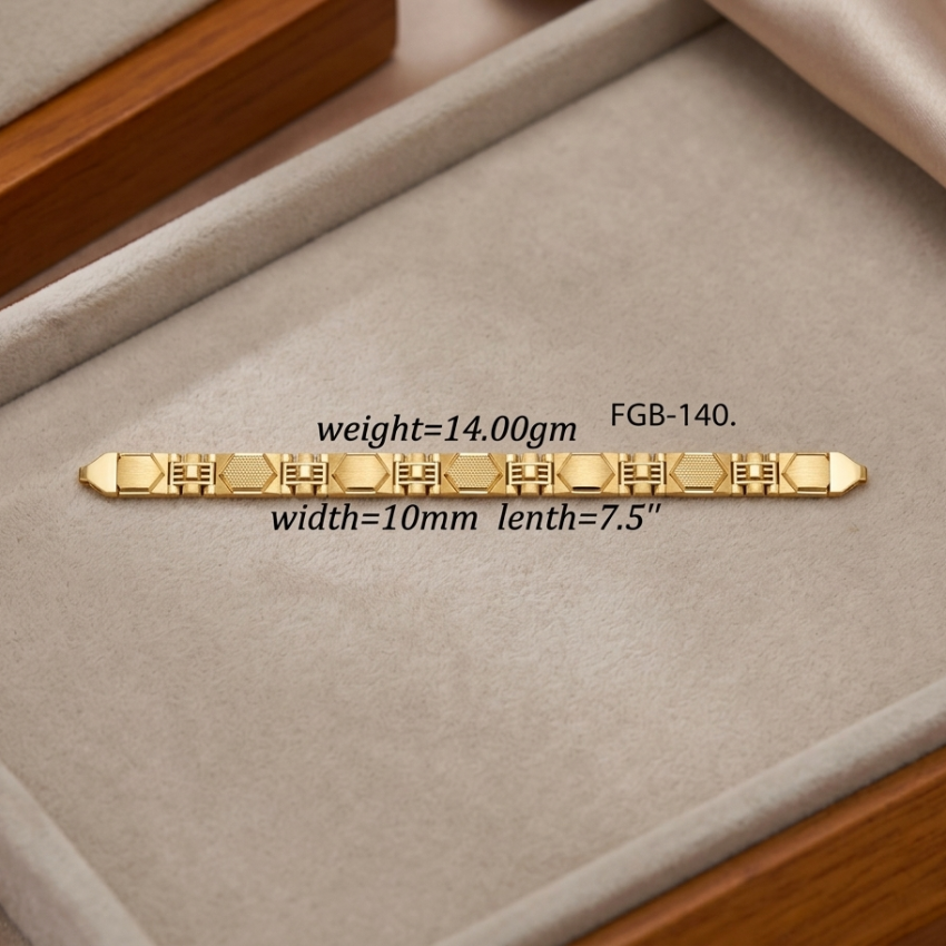 A gold-toned bracelet laid across a beige jewelry box, with overlaid text showing weight 14.00g, width 10mm, and length 7.