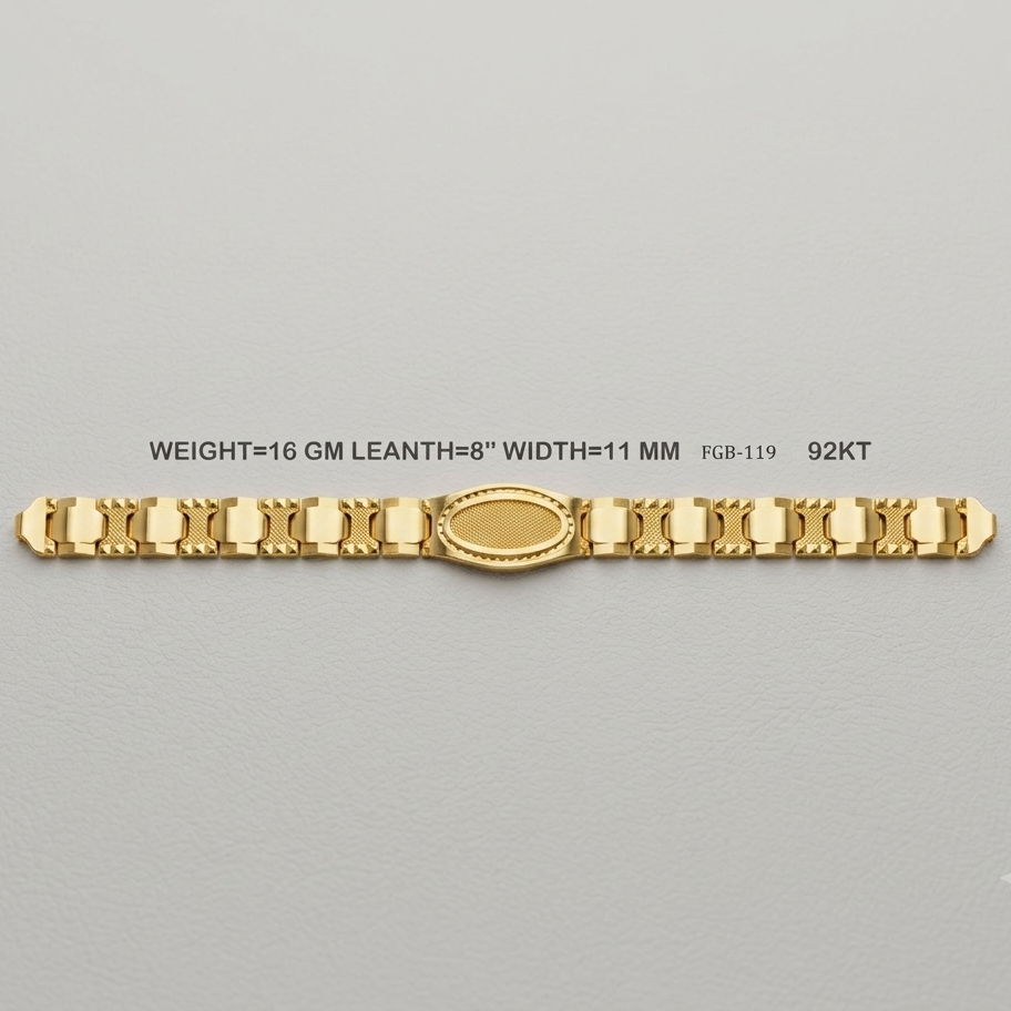 A 16GM 92KT yellow gold chain bracelet with an oval center medallion, displayed horizontally on a light gray textured background with product specifications printed above it.