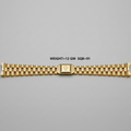 A gold metal watch band with a central clasp featuring a crown emblem, displayed horizontally on a neutral gray background with text overlay indicating weight and size.