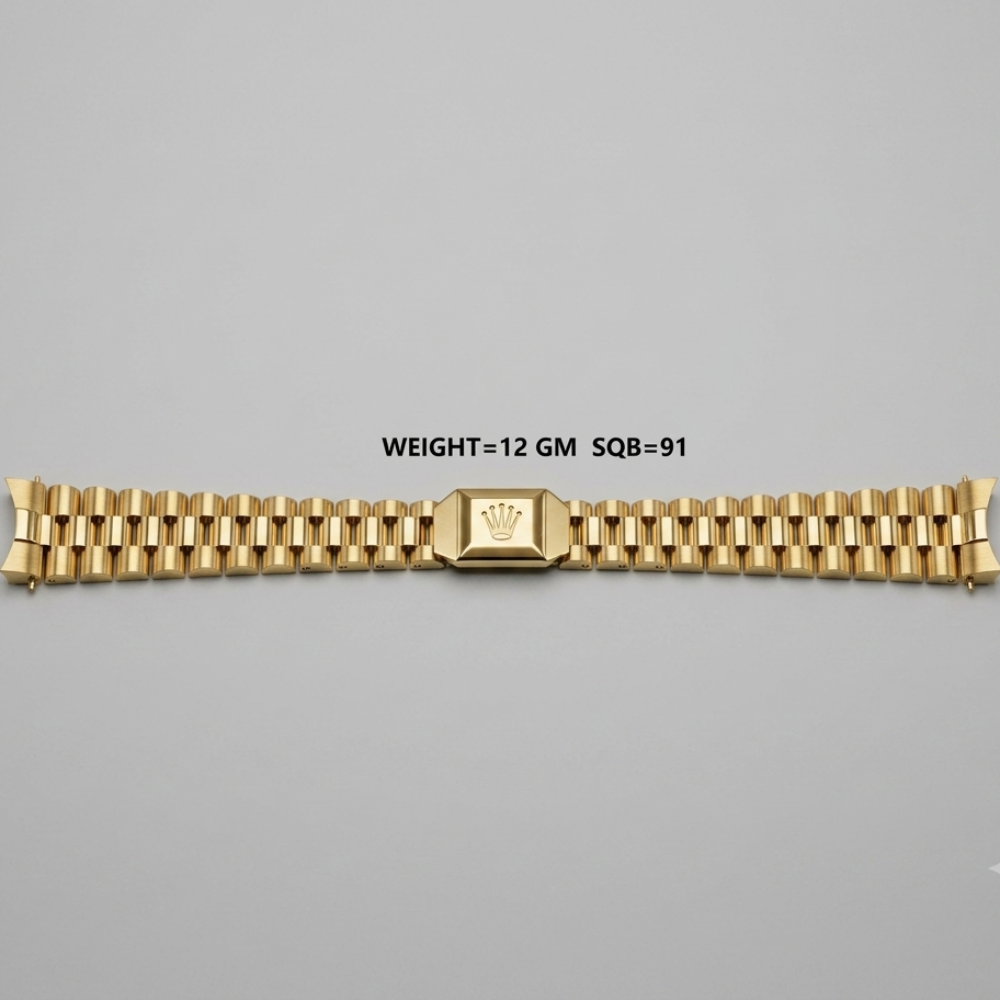 A gold metal watch band with a central clasp featuring a crown emblem, displayed horizontally on a neutral gray background with text overlay indicating weight and size.