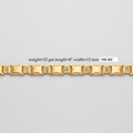 A gold-colored metal link bracelet with a textured and polished finish, laid horizontally on a light gray background. Black text above the bracelet provides specifications: 'weight=22 gm length=8" width=12 mm' followed by a white label 'F68-002'.