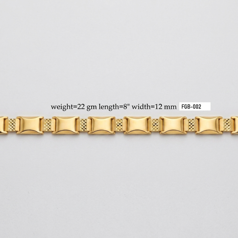 A gold-colored metal link bracelet with a textured and polished finish, laid horizontally on a light gray background. Black text above the bracelet provides specifications: 'weight=22 gm length=8" width=12 mm' followed by a white label 'F68-002'.