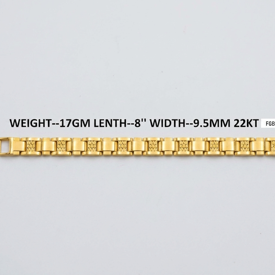 A gold-colored metal link bracelet shown horizontally on a light gray background, with text overlay detailing its specifications: weight 17GM, length 8 inches, width 9.5mm, and 22KT gold.