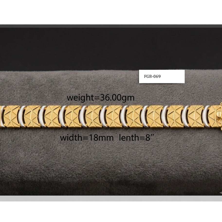 A gold-toned metal link bracelet with a textured geometric pattern and a clasp, displayed on a dark gray velvet surface. Black text overlays indicate the product's weight (36.