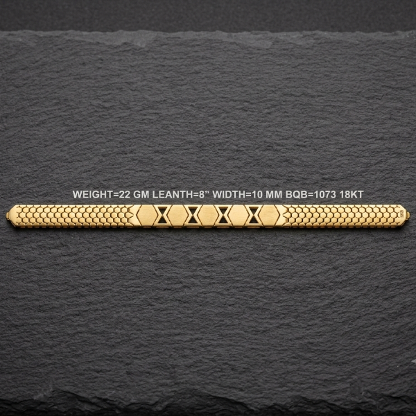 A 18KT yellow gold chain bracelet with three central hexagonal links and four diamond-patterned links, displayed on a dark slate background with text detailing its specifications.