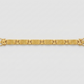 A gold link bracelet with a geometric pattern, displayed horizontally against a light gray background.